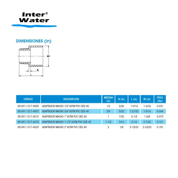 ADAPTADOR MACHO DE PVC (ASTM) - Inter Water - Imagen 2